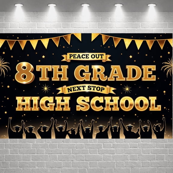 Gold Glitter 8th Grade Banner Graduation Theme Graduation Display Firework Design Figures High School Backdrop for 8th Grade Party Middle School Graduation High School Transition Event