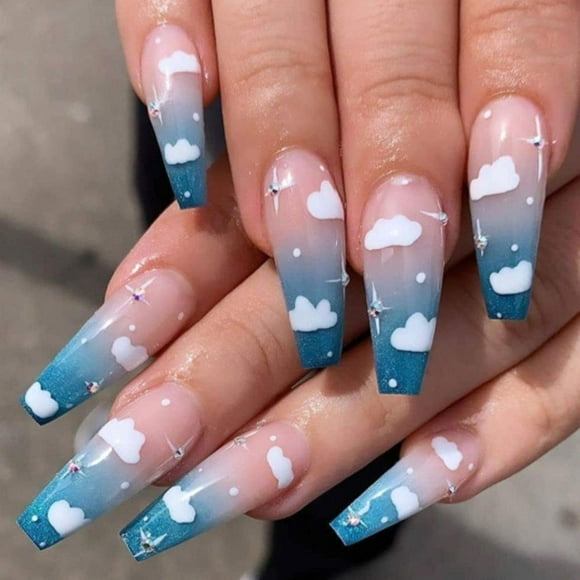 Uñas postizas Apuakthei con degradado largo, uñas postizas tipo ataúd, uñas postizas con diseño de nube azul para mujeres y niñas, 24 unidades (Gorgeous1)