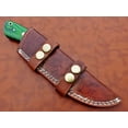 thumbnail image 6 of 9.5" long Damascus steel Gut hook skinning knife, Full tang Rain drop pattern straight back blade, Green colored wood scale with steel bolster, includes Cow hide Leather sheath (Green Wood), 6 of 7