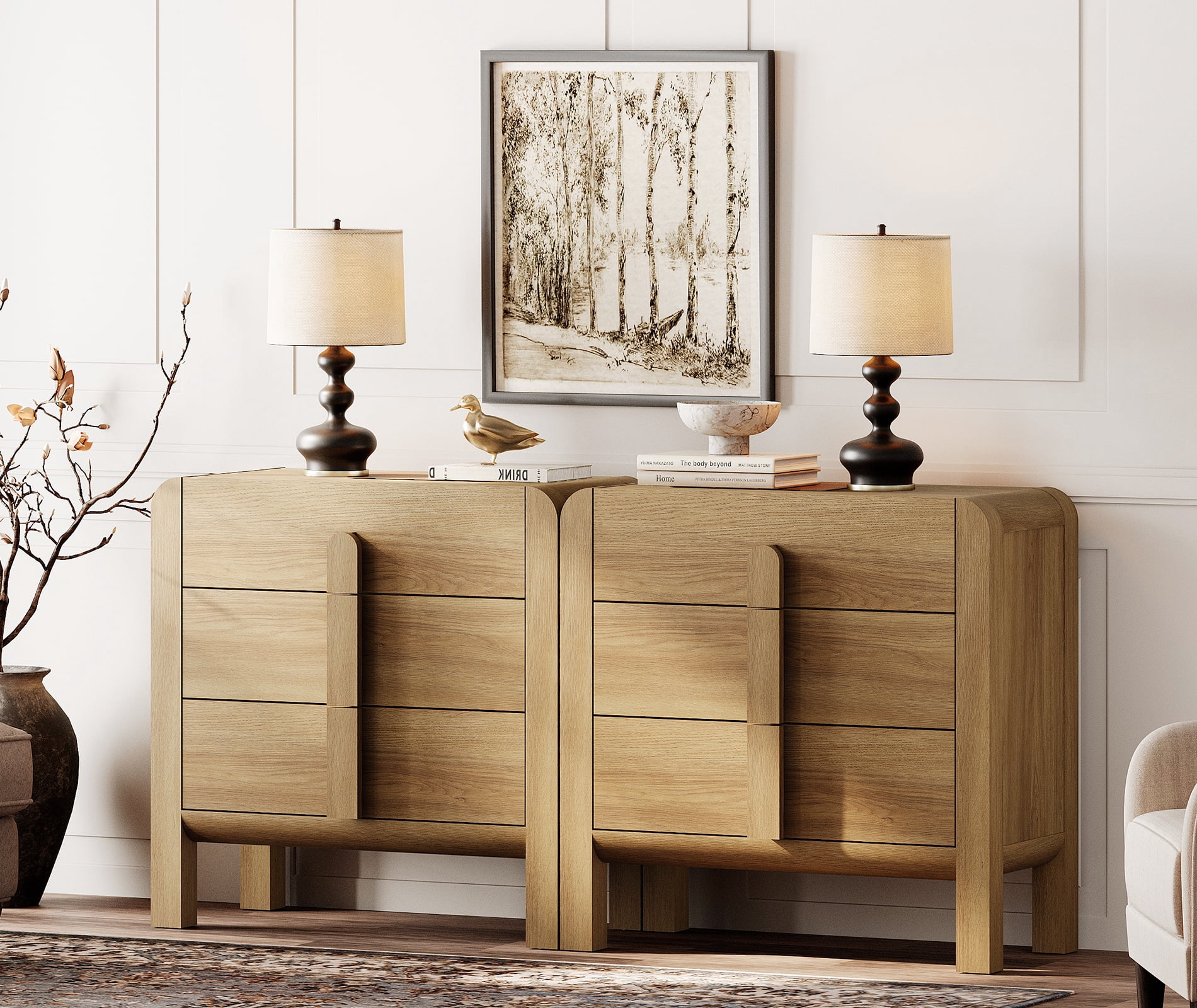 3 Drawer Curved Dresser for Bedroom Set of 2, Mid Century Modern Chest of Drawers, Wood Storage 6 Drawer Dresser Organizer for Bedroom Living Room Hallway Closet