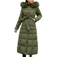 thumbnail image 2 of Women's Long Hooded Puffer Coat, Belted Waist Winter Jacket with Faux Fur Trim, Quilted Parka, Warm Down Alternative Coat, Casual Outerwear Green L, 2 of 8