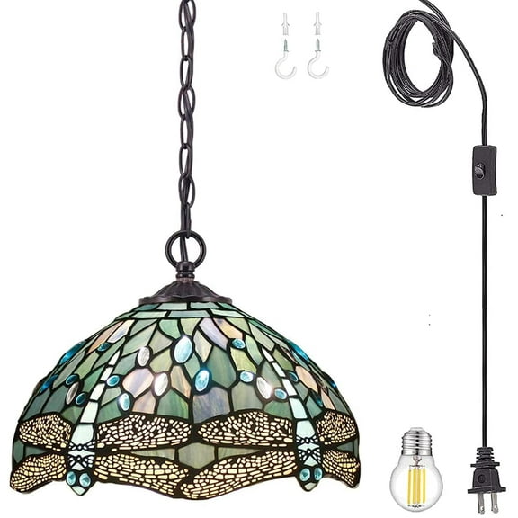 Tiffany Hanging Light W12H32 Inch Sea Blue Stained Glass Pendant lamp 1E26 Crystal Bead Dragonfly Style S147 WERFACTORY Series Lamps Chandelier Ceiling Fixture (S14712PB)