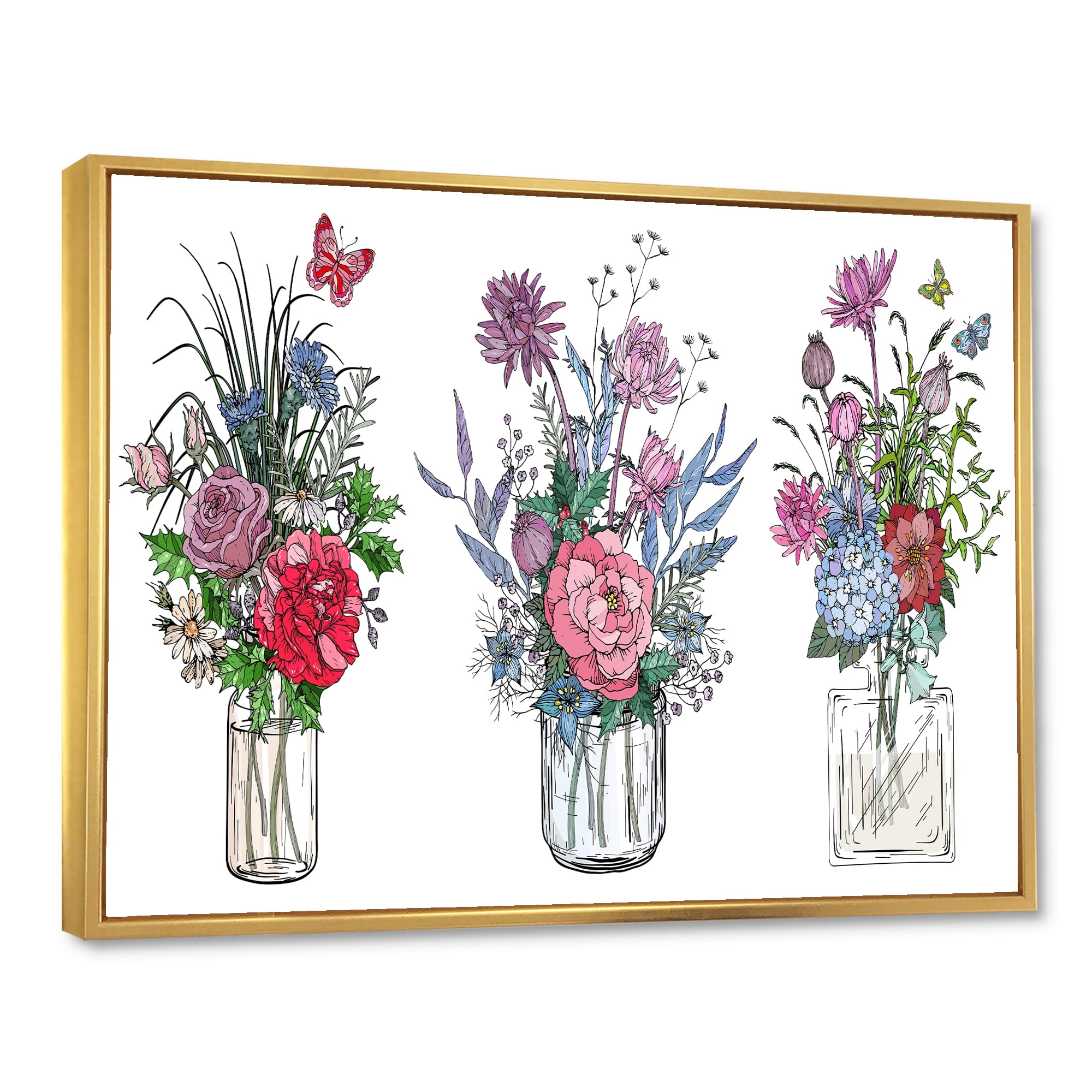 Designart 'Transparent Vases With Bouquets of Wildflowers I' Farmhouse Framed Canvas Wall Art Print