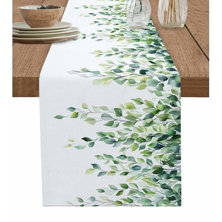 

Table Runner Dresser Scarves 60 Inch Long Watercolor Green Botanical Leaves Linen Dining Table Runners Hanging Foliage on White Tabletop Scarf for Wedding Holiday Party Kitchen