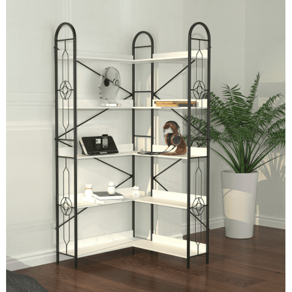 Yoneston 72.05" Tall L-Shaped Corner Bookshelf, 5-Tier Metal Open Bookcase, Display Rack for Living Room,Bedroom and Office, Black & White