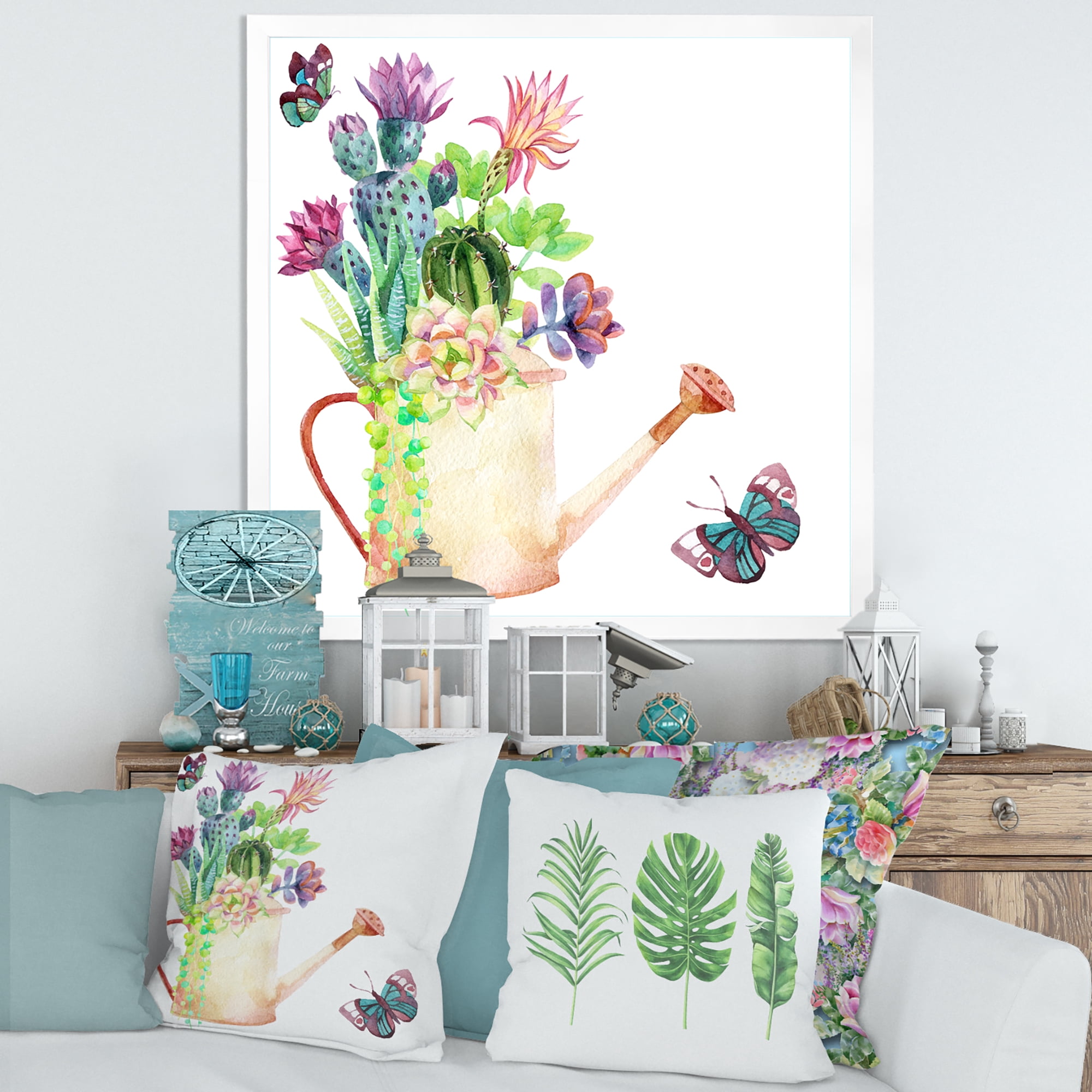 Succulents In Old Watering Can With Butterfly 36 in x 36 in Framed Painting Canvas Art Print, by Designart