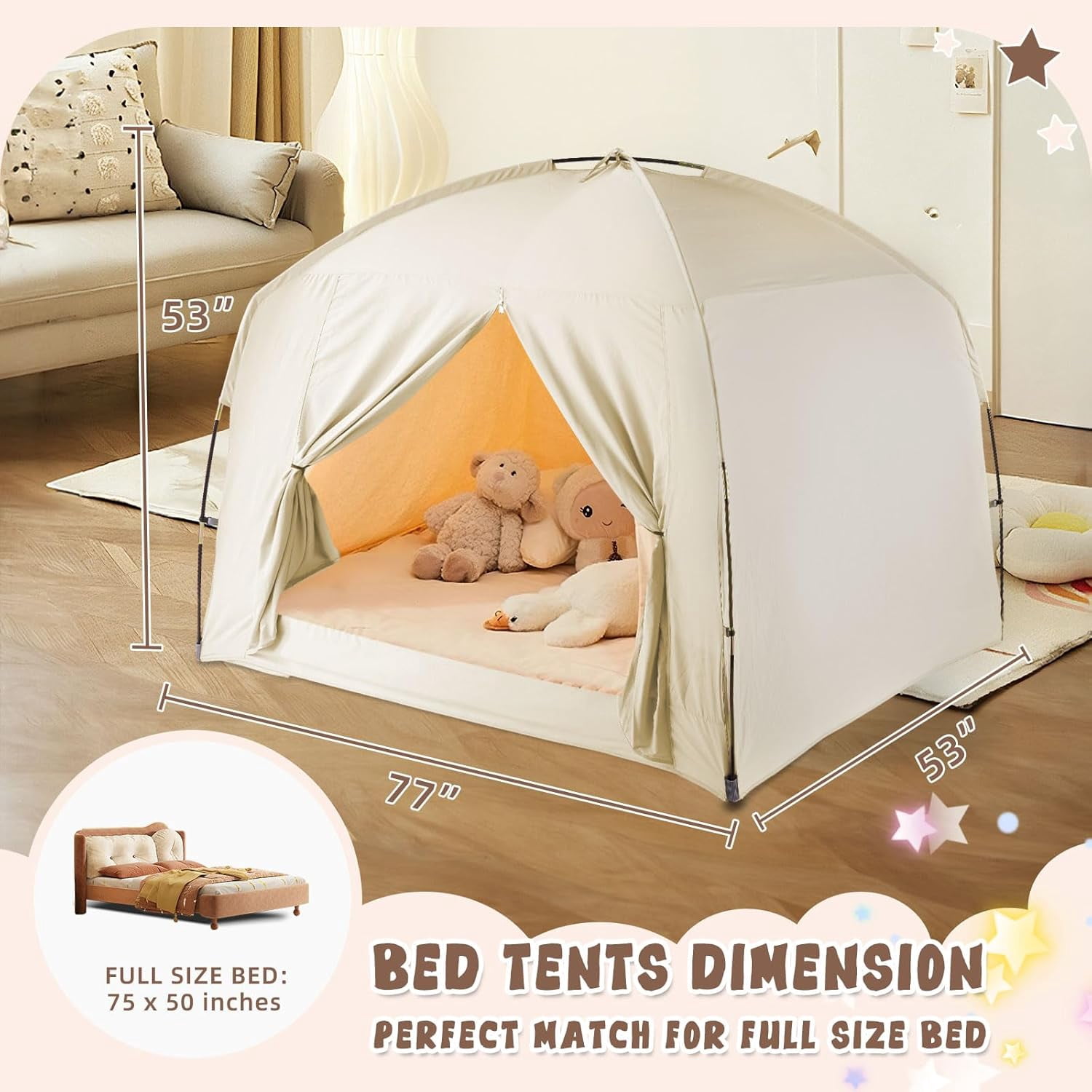 Bed Tents for Kids and Adult, Portable 100% Breathable and 93% Blackout Toddler Dream Play Tent, 3 Doors Big Privacy Space Sleeping Canopy for Floor or Twin Full Queen Sizes Bed
