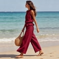 thumbnail image 4 of Women's Linen 2 Piece Outfits Summer Loungewear Sleeveless Ruffle Top Wide Leg Pants Beach Travel Sets, 4 of 6
