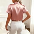 thumbnail image 5 of Ecqkame Women's Satin Shirts Elegant Bow Tie Neck Short Sleeve Casual Loose Blouse Business Office Trendy Wrinkle Free Tops Pink L, 5 of 6