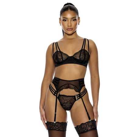 Thirst Strap Strappy Lace Demi Cup Bra and Garter Belt Lingerie Set - Black