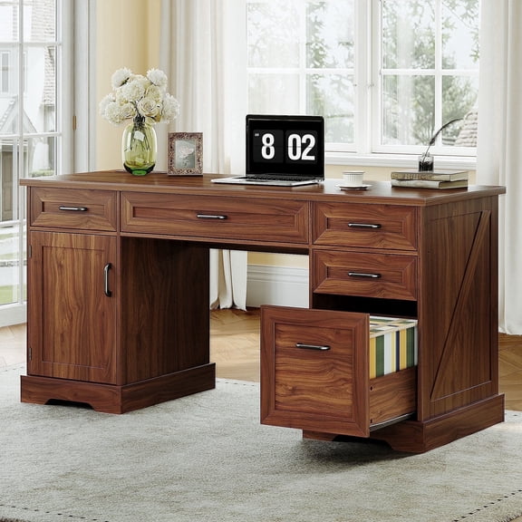Casacomoda Home Office Desk with File Cabinet and Drawers, 59" Executive Desk with USB Power Outlet, Storage Cabinet for CPU, Workstation Table for Study, Walnut