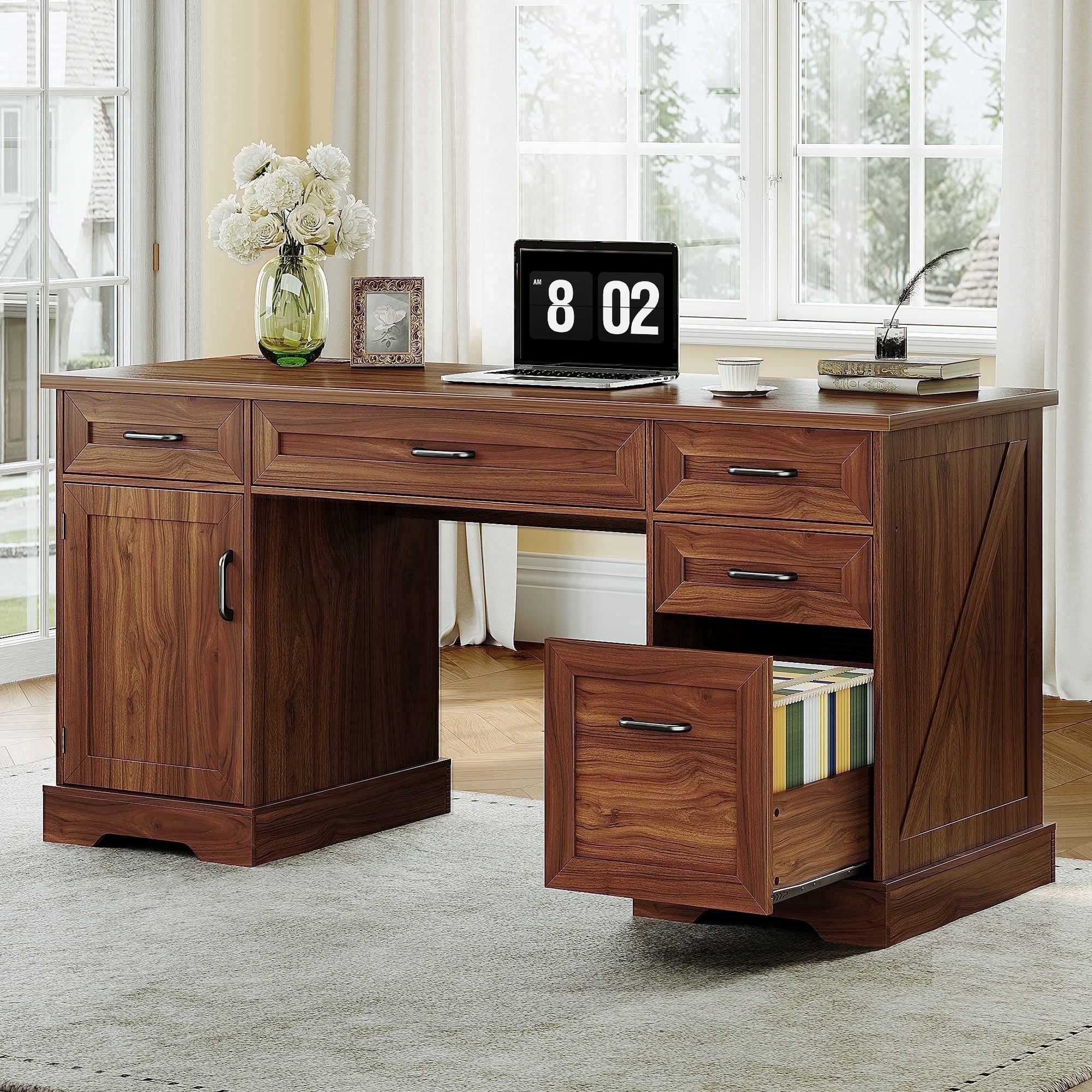 Casacomoda Home Office Desk with File Cabinet and Drawers, 59" Executive Desk with USB Power Outlet, Storage Cabinet for CPU, Workstation Table for Study, Walnut