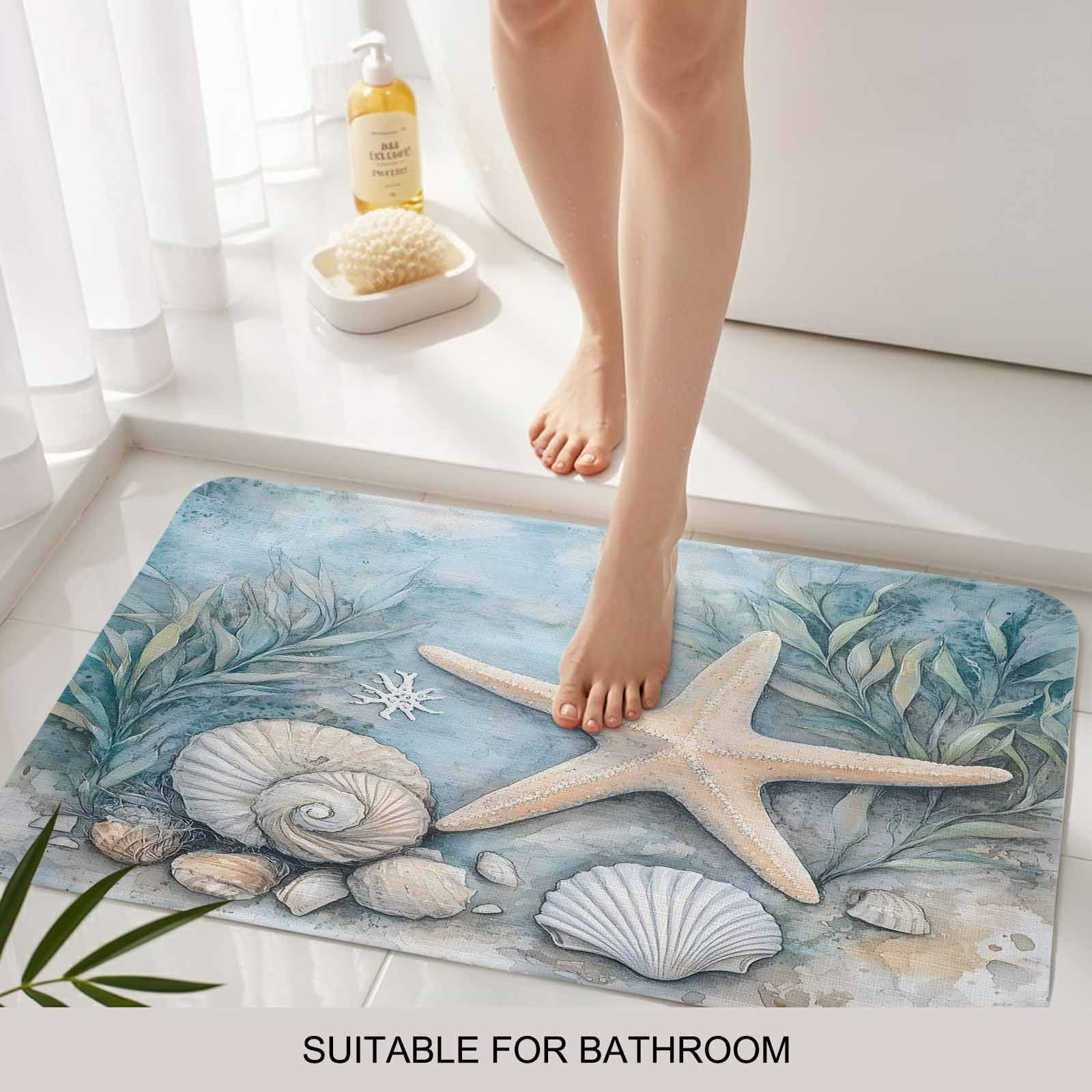Coastal Starfish Doormat Outdoor Entrance 24"x36", Beach Summer Starfish Nautical Shell Blue Absorb Moisture Dirt Door Mats, Non-Slip Rubber Backing Floor Mats Indoor, Low-Profile Front Door Rugs