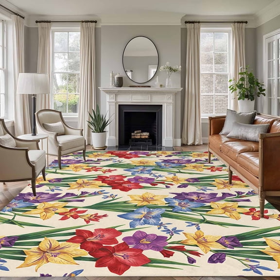 Area Rug for Living Room, Colorful Floral Spring Non-Slip Indoor Large Carpet for Bedroom/Dining Room, Farmhouse Watercolor Botanical Washable Low-Profile Rectangle Floor Runner Rugs - 5 x 8 Ft