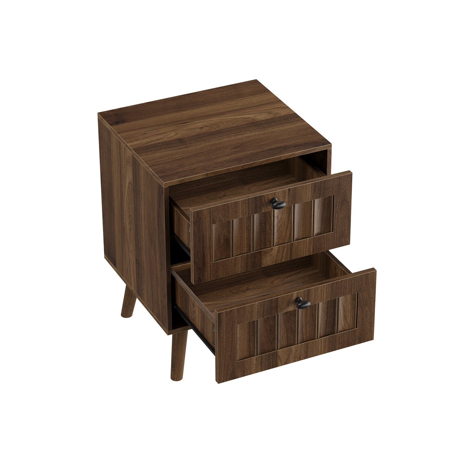 Hommoo Modern Double-Drawer Bedside Table Set with Vertical Grooved Finish and Solid Wood Legs, Nightstand for Living Room and Bedroom, Walnut