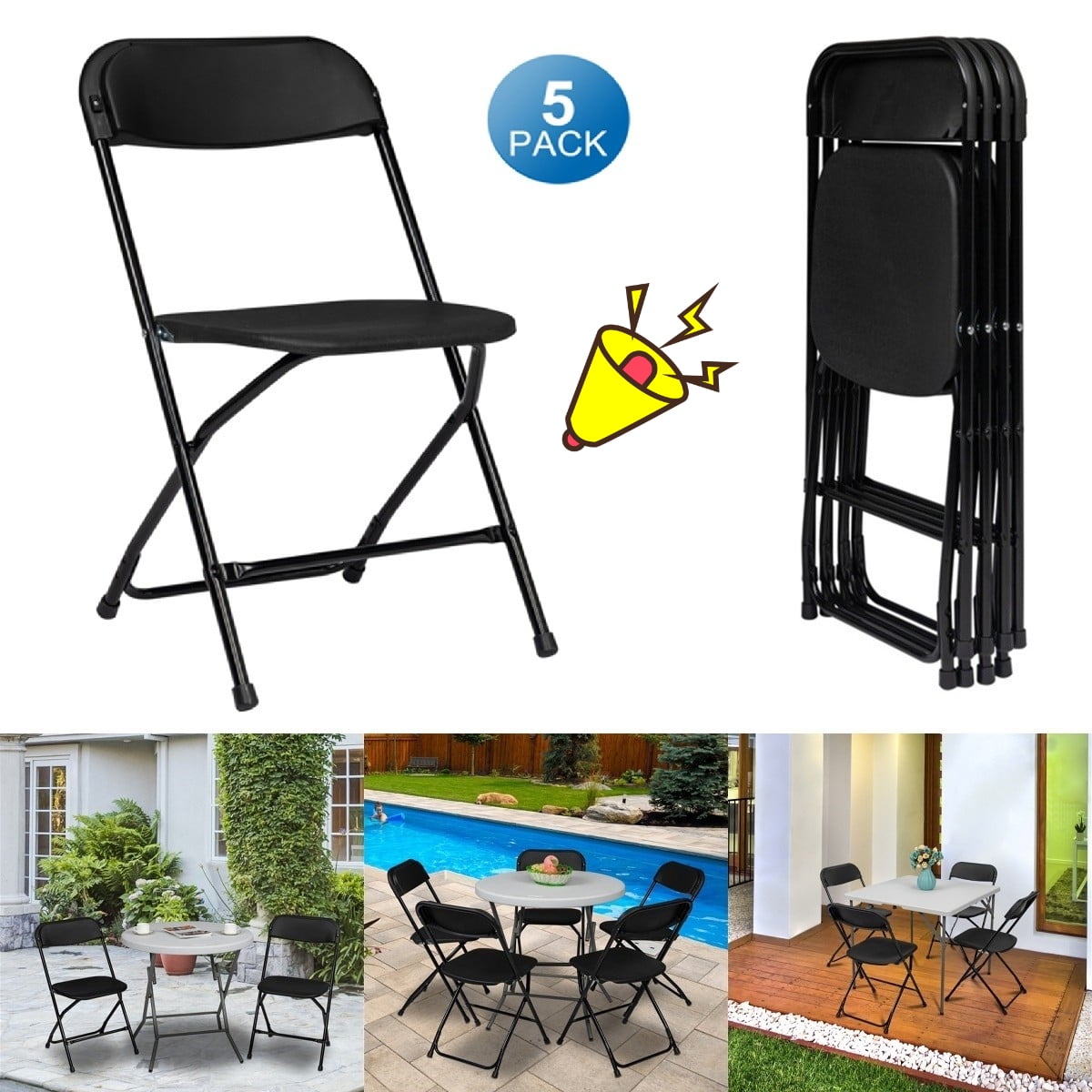 Goorabbit Folding Chairs Clearance,Set of 5 Black Stackable Folding