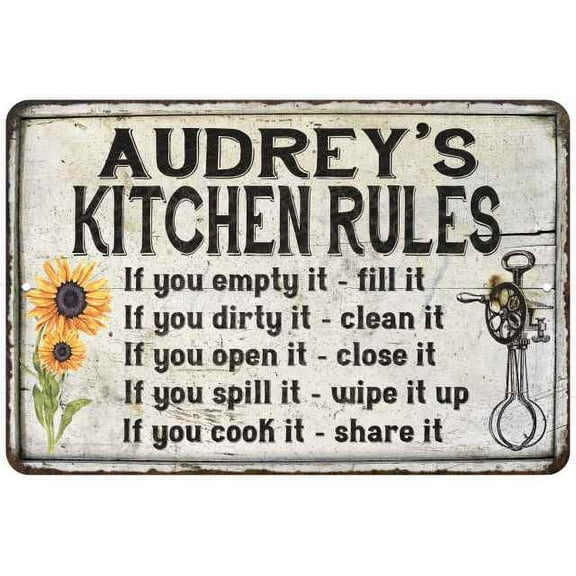 Audrey's Kitchen Rules Chic Sign Vintage Decor 8 x 12 High Gloss Metal 208120032176