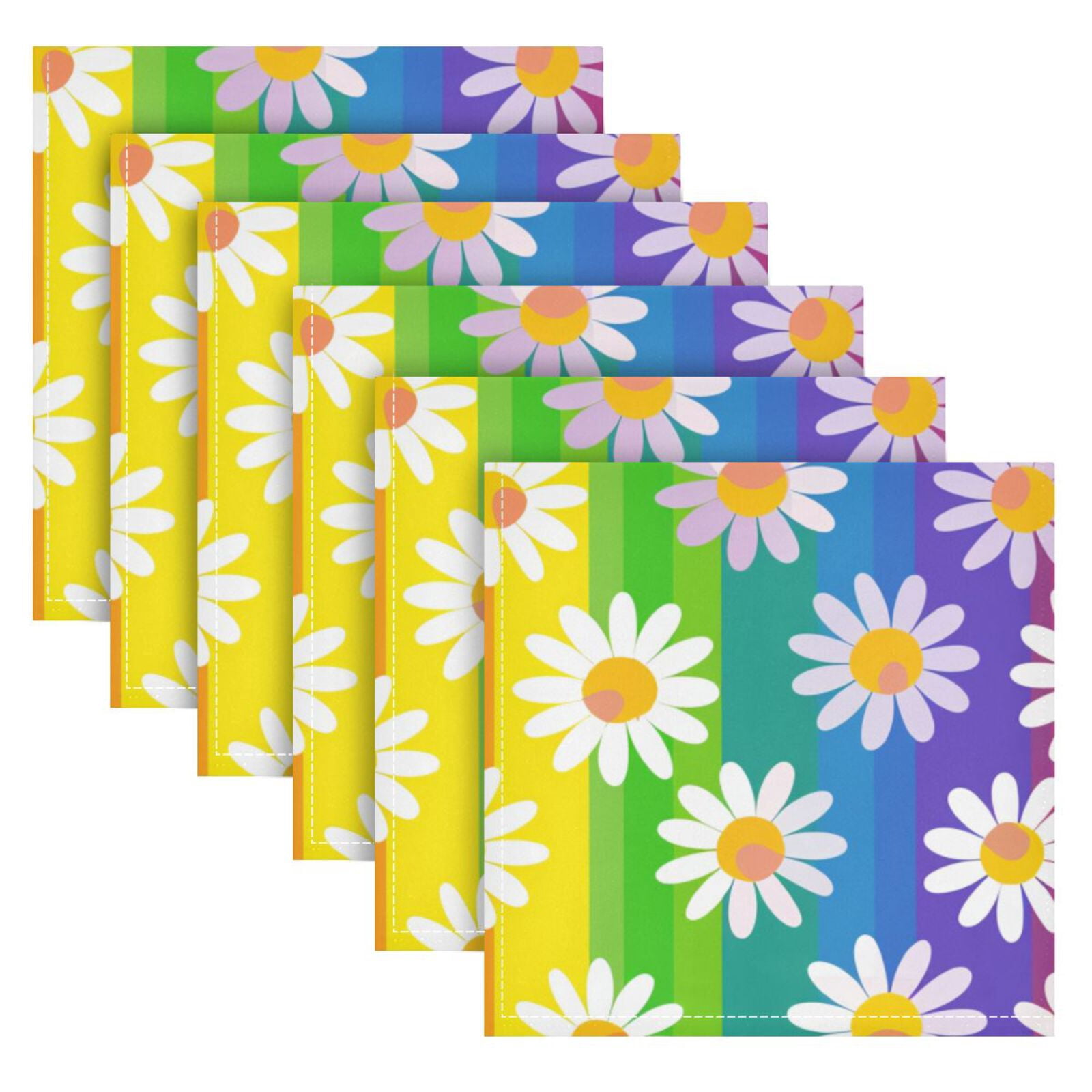 JSTEL Daisy Flower Rainbow Stripes Cloth Napkins Set of 6, 20x20 Inch Washable and Reusable Napkin for Decoupage Dinner Party Everyday Use