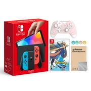 Nintendo Switch OLED Model Neon Red & Blue Joy Con 64GB Console HD Screen & LAN-Port Dock with Pokemon Sword And Mytrix Wireless Switch Pro Controller and Accessories