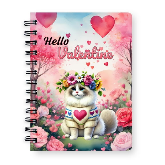 Hello Valentine’s Day Ragdoll Flower Crown Romantic Pink Floral Spiral Bound Journal Cat Lover Kitten Owner Gifts Idea 5x7in Spiral Notebook - 00031