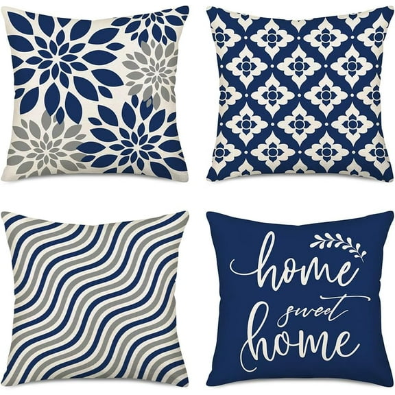 Dahlia Floral Pillow Covers 18x18Inch Set of 4, Navy Blue Gray Geometric Modern Abstract Home Sweet Home Decorative Pillow Covers, Pillow Cushion Cases for Room Sofa Bed Home Decor