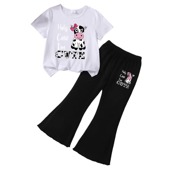 felwors Ensemble de Vêtements pour Fillette/tout-Petit, Haut à Manches Courtes avec Papillon et Pantalon à Jambe Évasée, Ensemble de Vêtements d'Été (M, 3-4 Ans)