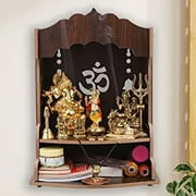 WALLZY Pooja Wooden Mandir for Home Wall Mounted Wood Puja Home Temple with Double Shelf for Storage and God Idols Decoration for Living Room, Bedroom and Office