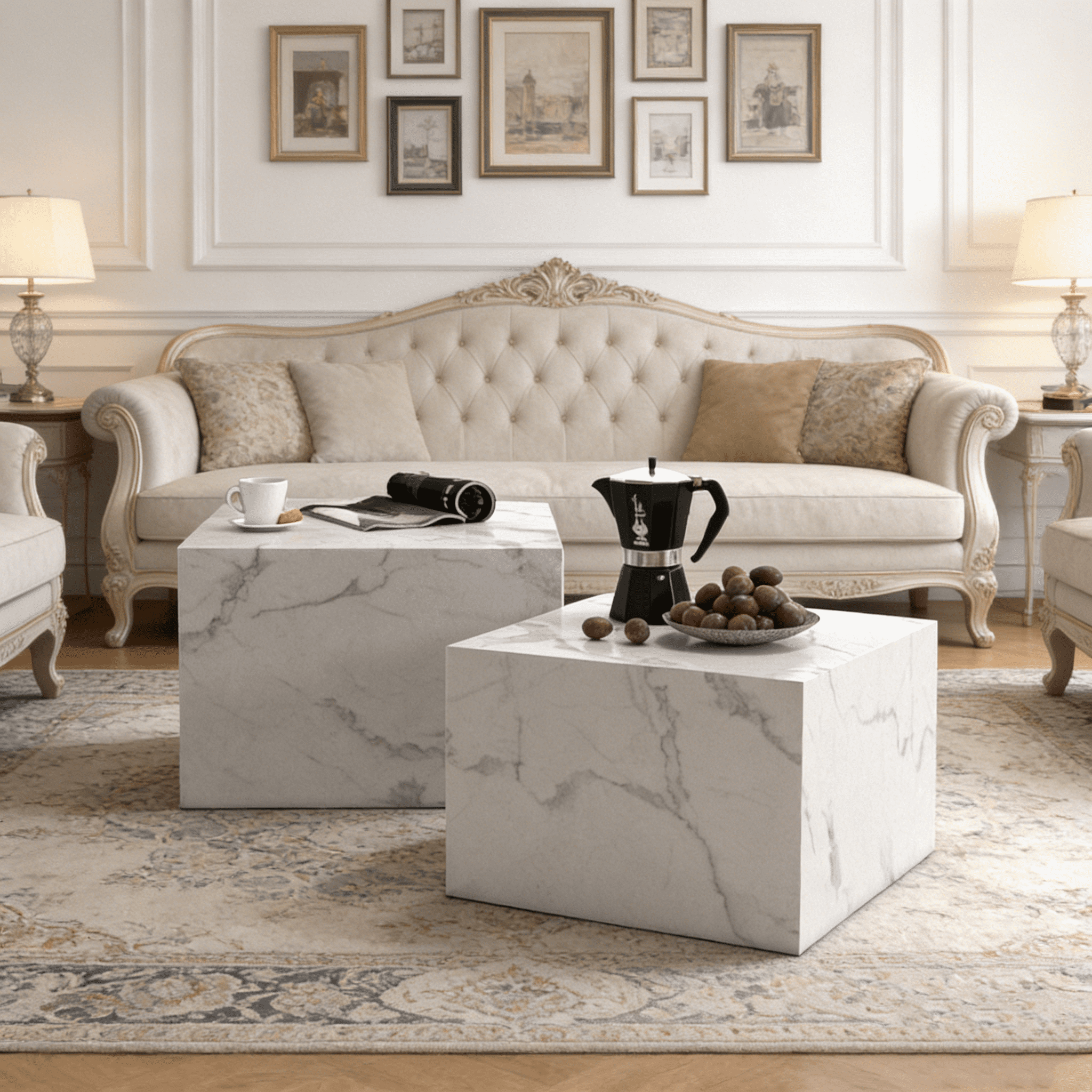 Caffoz Square Faux Marble Coffee Table Set of 2, Nesting Design, Pre-Assembled Living Room Accent Tables,Marble White