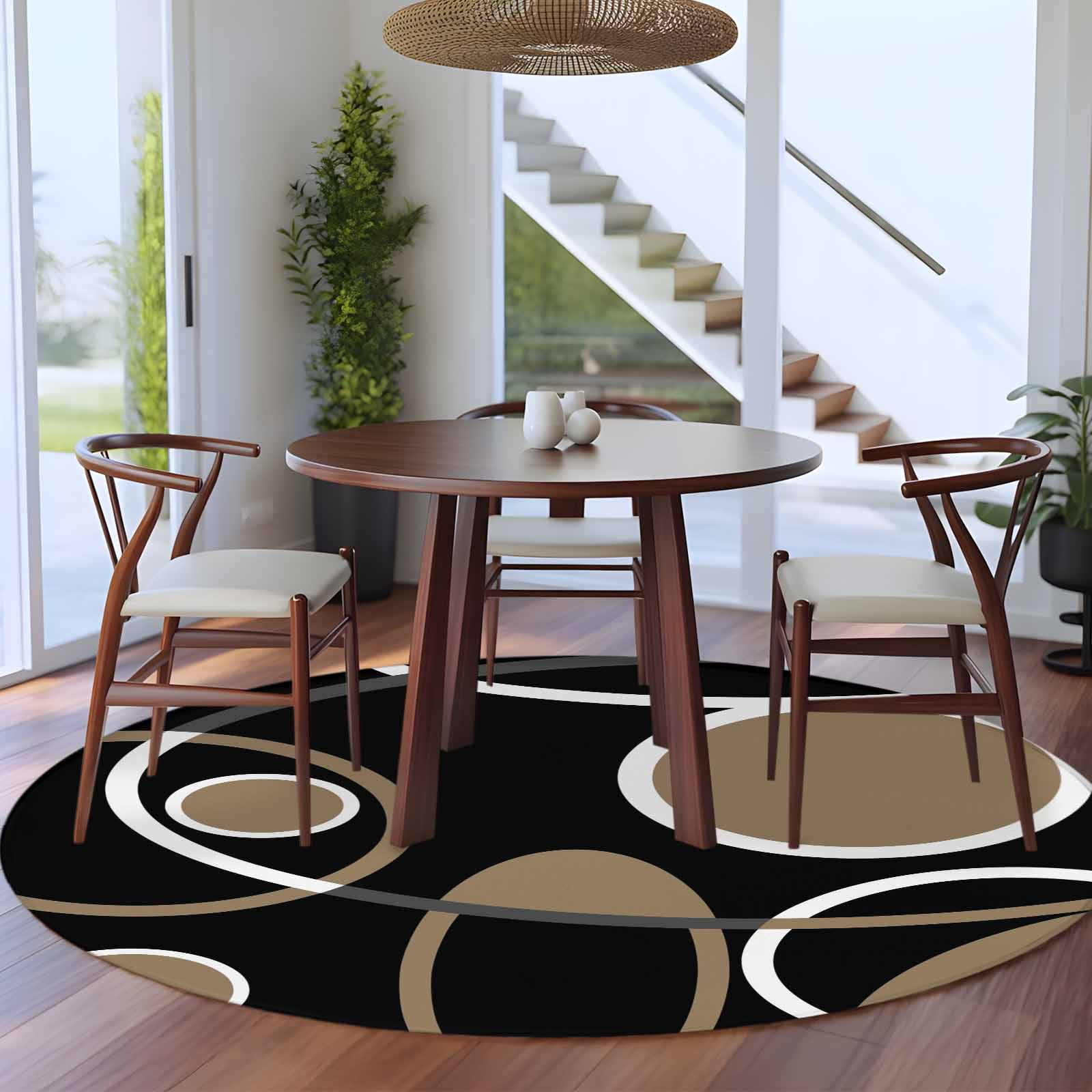 Round Area Rugs Collection 6 Ft, Black Brown Non-Slip Residential Carpet, White Circle Modern Minimalist Geometric Indoor Crawling Mats Runner Rugs for Living Room/Dining Room/Bedroom