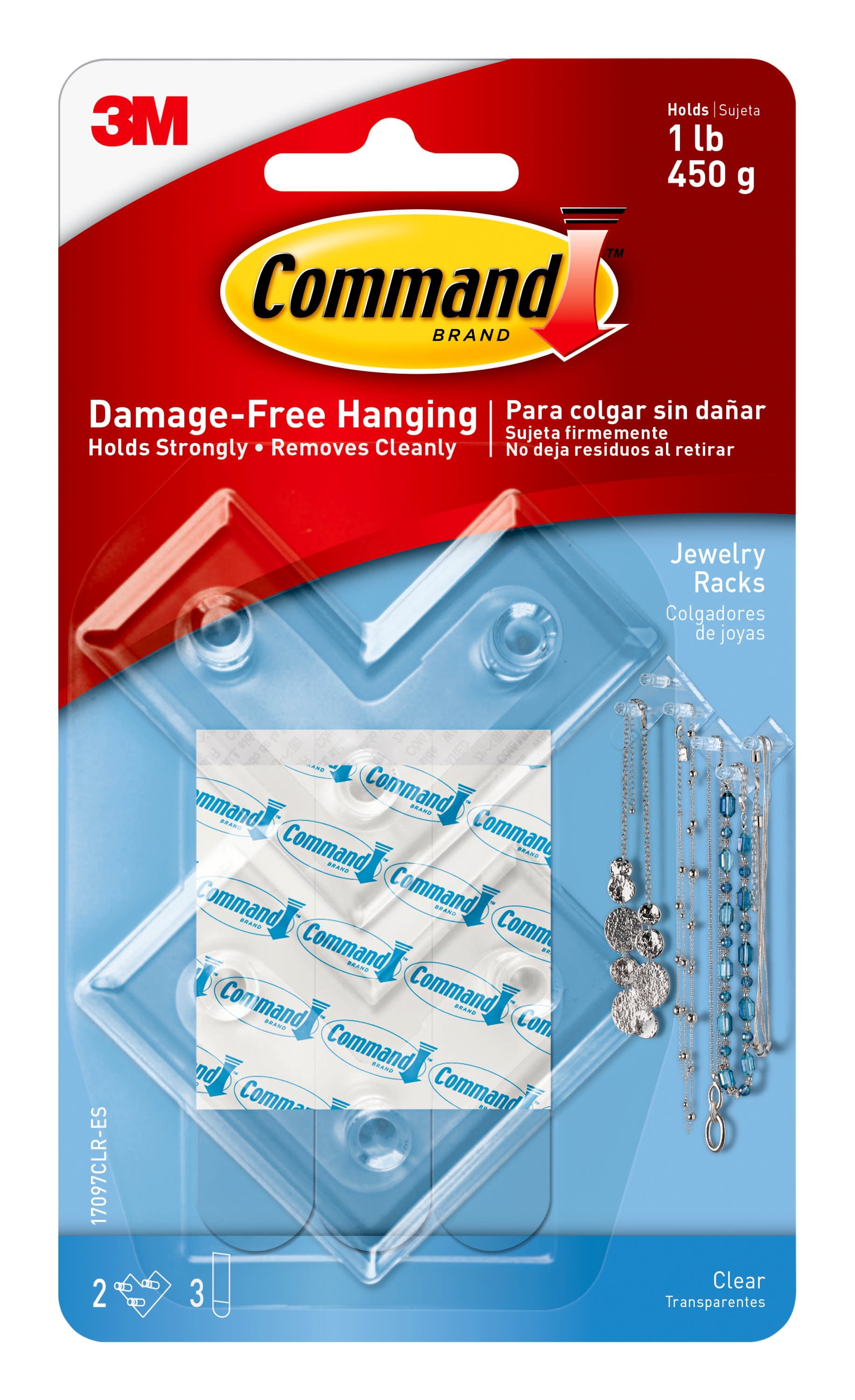 Command Clear Jewelry Rack, 2 Hooks, 3 Strips/Pack (Holds 1 lb)
