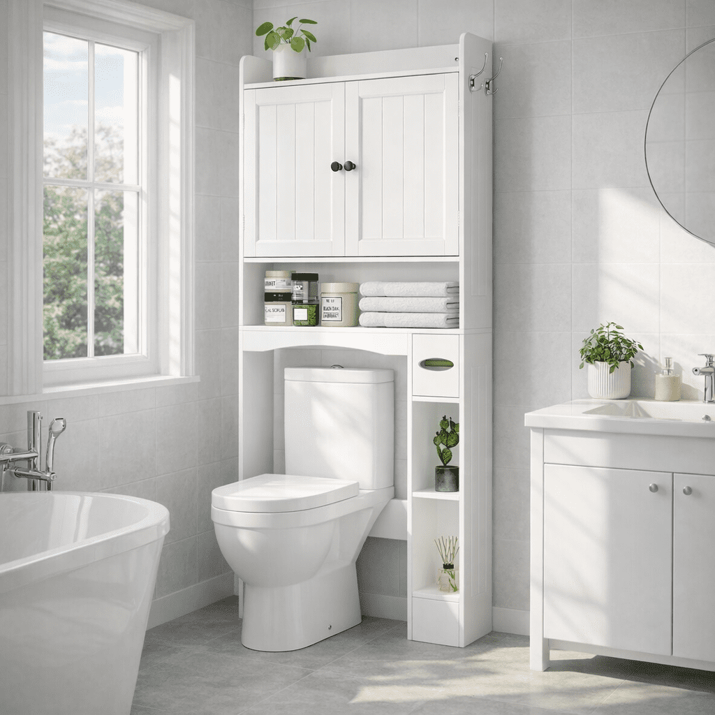 Aiho 70.3" Tall Over the Toilet Storage Cabinet, Bathroom Organizer Above Toilet with Adjustable Shelves & 2 Side Hooks, Space Saver for Bathroom, Laundry, White