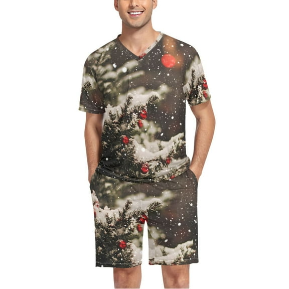 joogoo Men's Pajama Set Christmas Snow V-Neck Pj Shorts Set 2 Piece Loungewear Sleepwear L