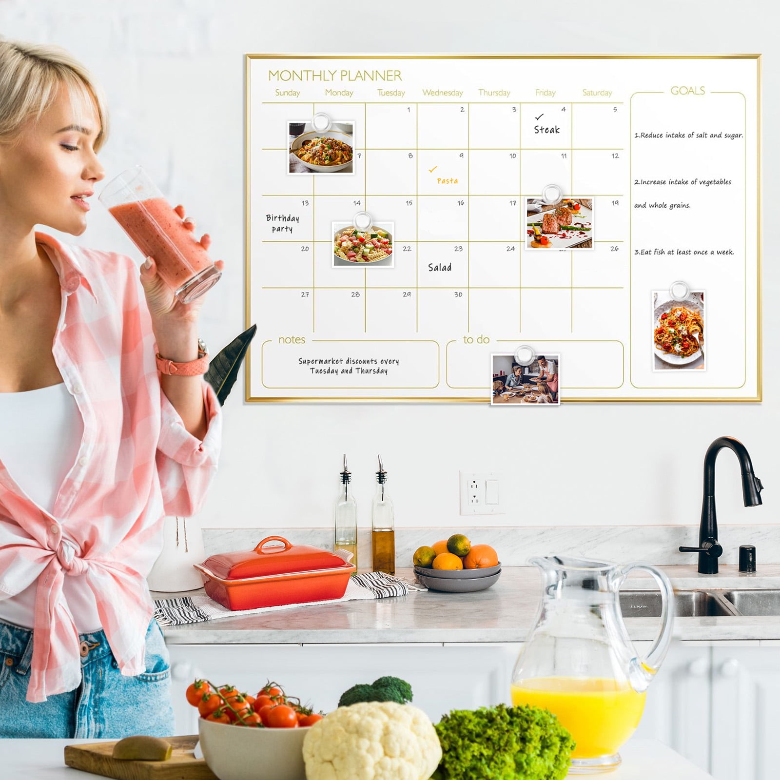Monthly Calendar Whiteboard, 36"x24" Magnetic Dry Erase Calendar with Gold Frame, Wall Hanging Planner for Home, Office