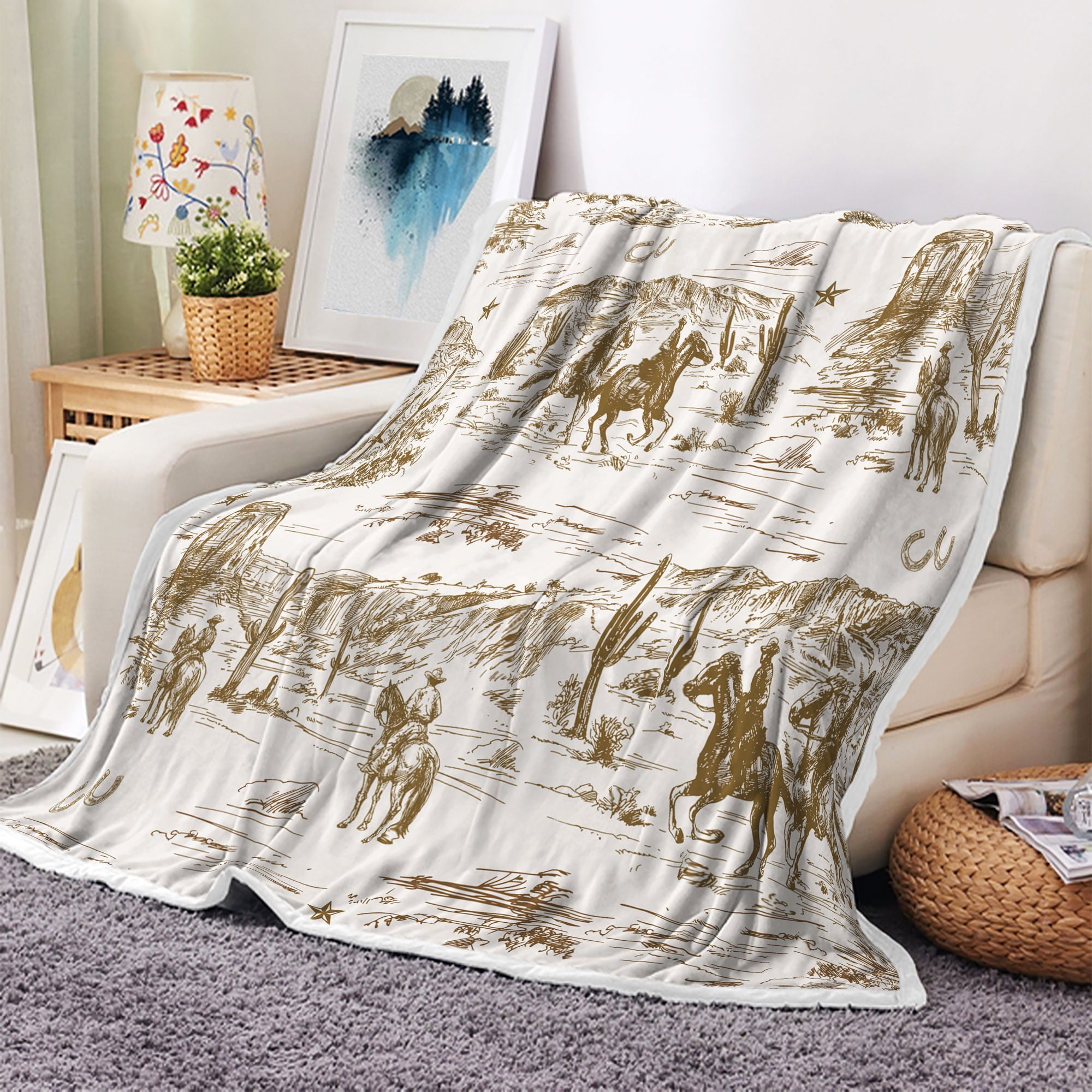 Western Cowboy Blanket, Brown Fleece Throw Blanket American Southwest
