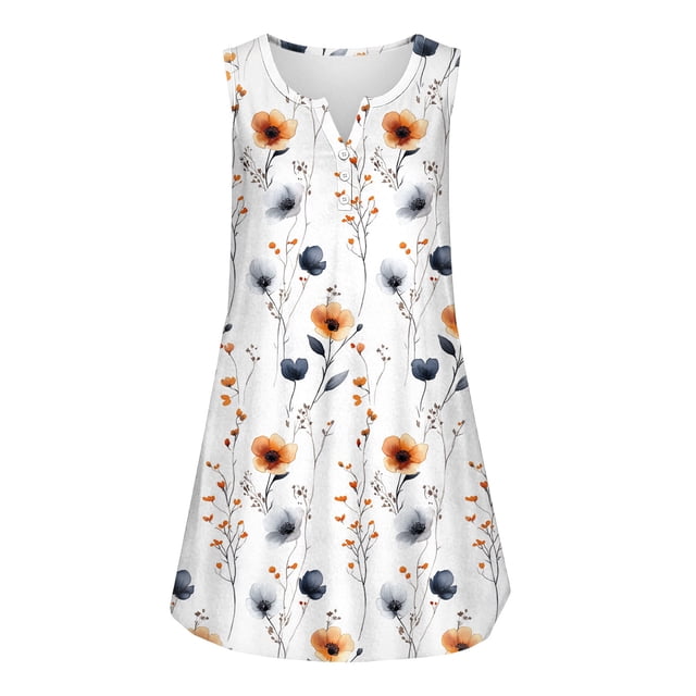 TaTaai Women Vintage Print V-Neck Sleeveless Short Dress Loose Fit Casual Fashion Dress for Ladies Spring Summer Daily Commute Lightweight Breathable Non-See-Through Soft Gift