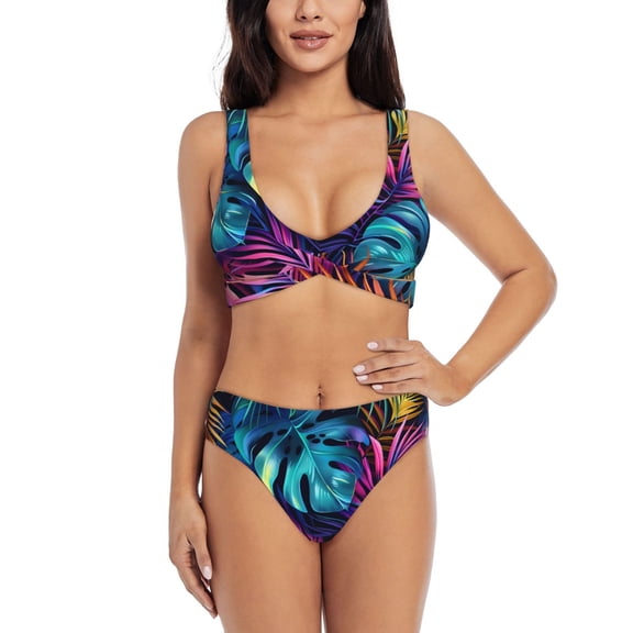 Kdxio Colorful Tropical Leaves Print Women's 2 Piece High Waisted Wrap Spaghetti Strap Summer Swimsuit Bikini Set-XX-Large