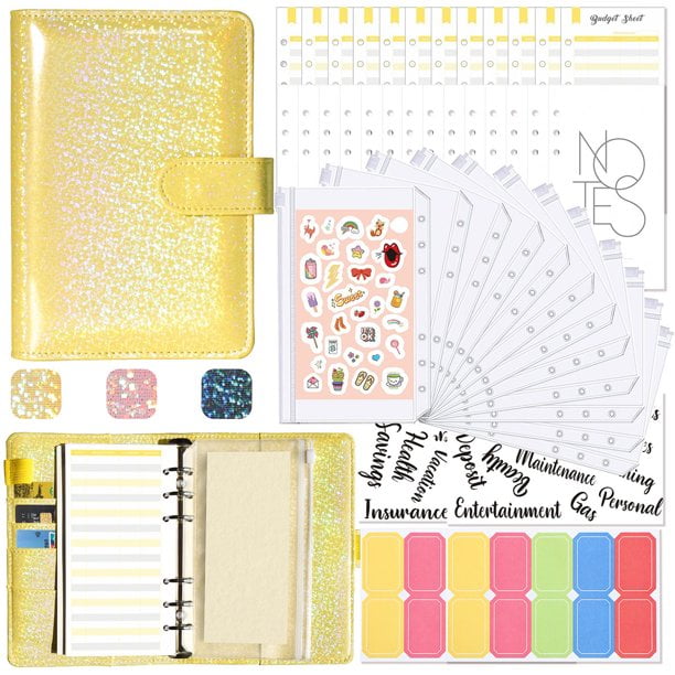 44pcs A6 Budget Binders Set Cash Envelopes for Budgeting Waterproof Imitation Leather Budget Planner with Budget Sheets Zipper Bags Shinny A6 Binder for Money Saving Planner Organizer