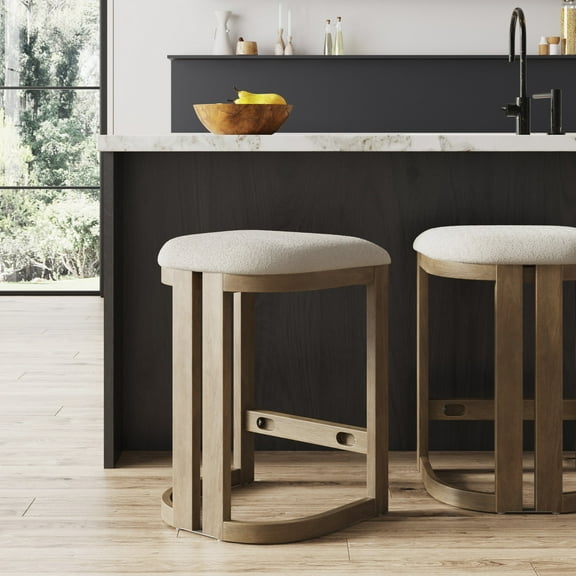 Nathan James Veya Modern Backless Bar Stool, Barrel Bar Stool with Boucle Upholstery and Solid Wood Legs, Light Brown
