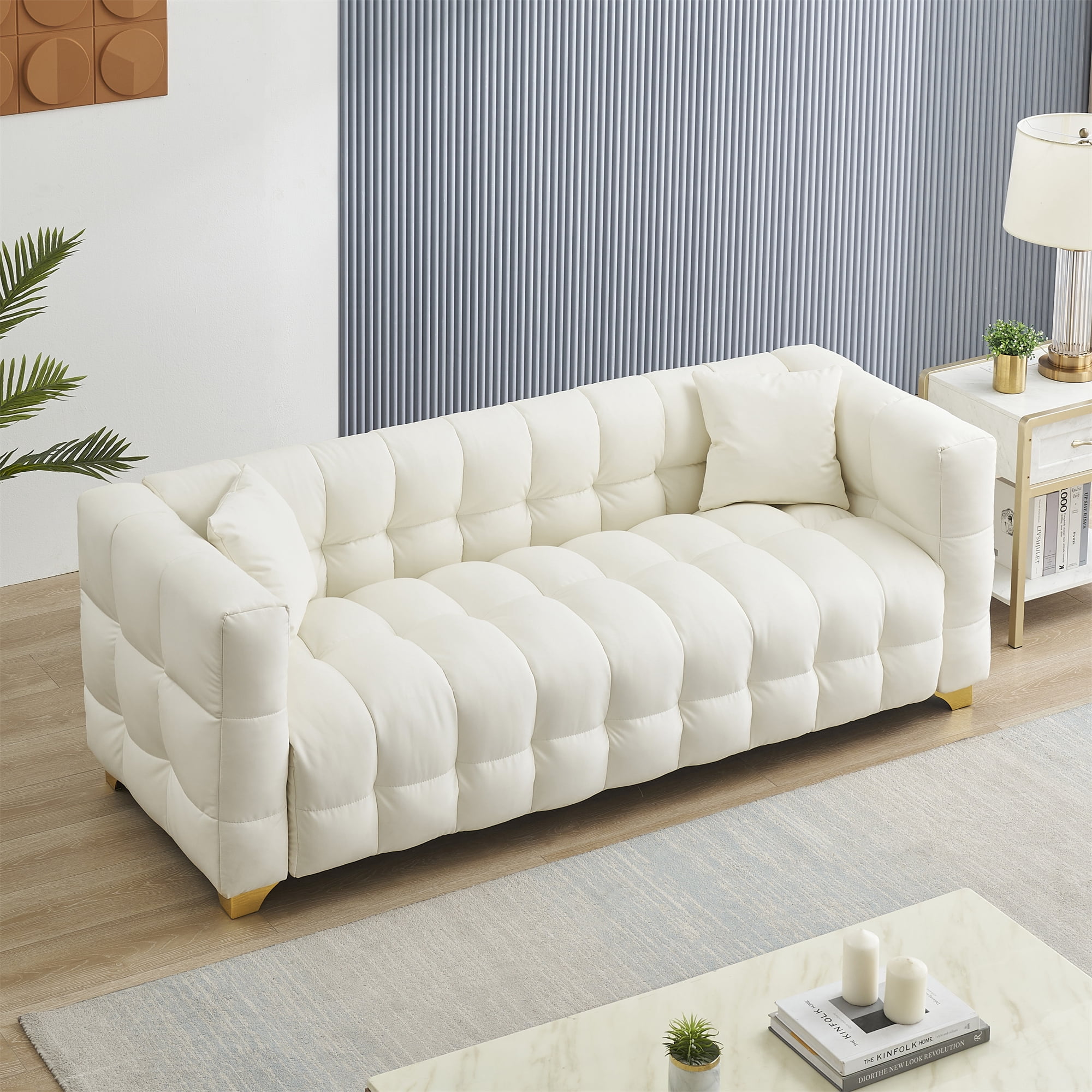 Aukfa 80" Modern Comfy Sofa, Deep Tufted Couch for Living Room, 2 Pillows, Leathaire, Beige