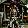 thumbnail image 2 of Xijirk Women Halloween Skeleton Rose Print Dress with V Neck Long Mesh Flare Sleeve Fit and Flare Mini Dress for Witch Cosplay Halloween Party, 2 of 5