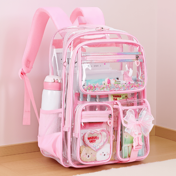 SWOEBTH 1 Pack Clear Backpack for Girls with Sequin Details, Multi-Pocket See-Through Bookbag for and Stadium Events, Pink, 12.2x5.9x16.9 Inch