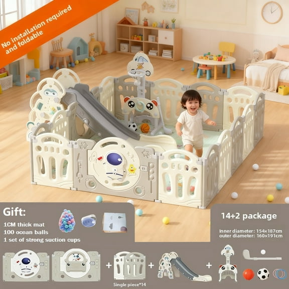Baby Playpen 14 2 Panels, Foldable Toddler Play Yard with Astronaut Theme Gate, Basketball Hoop ,Play Mat & 100 Ocean Balls, Safety Fence for Indoor Use(Grey/White)