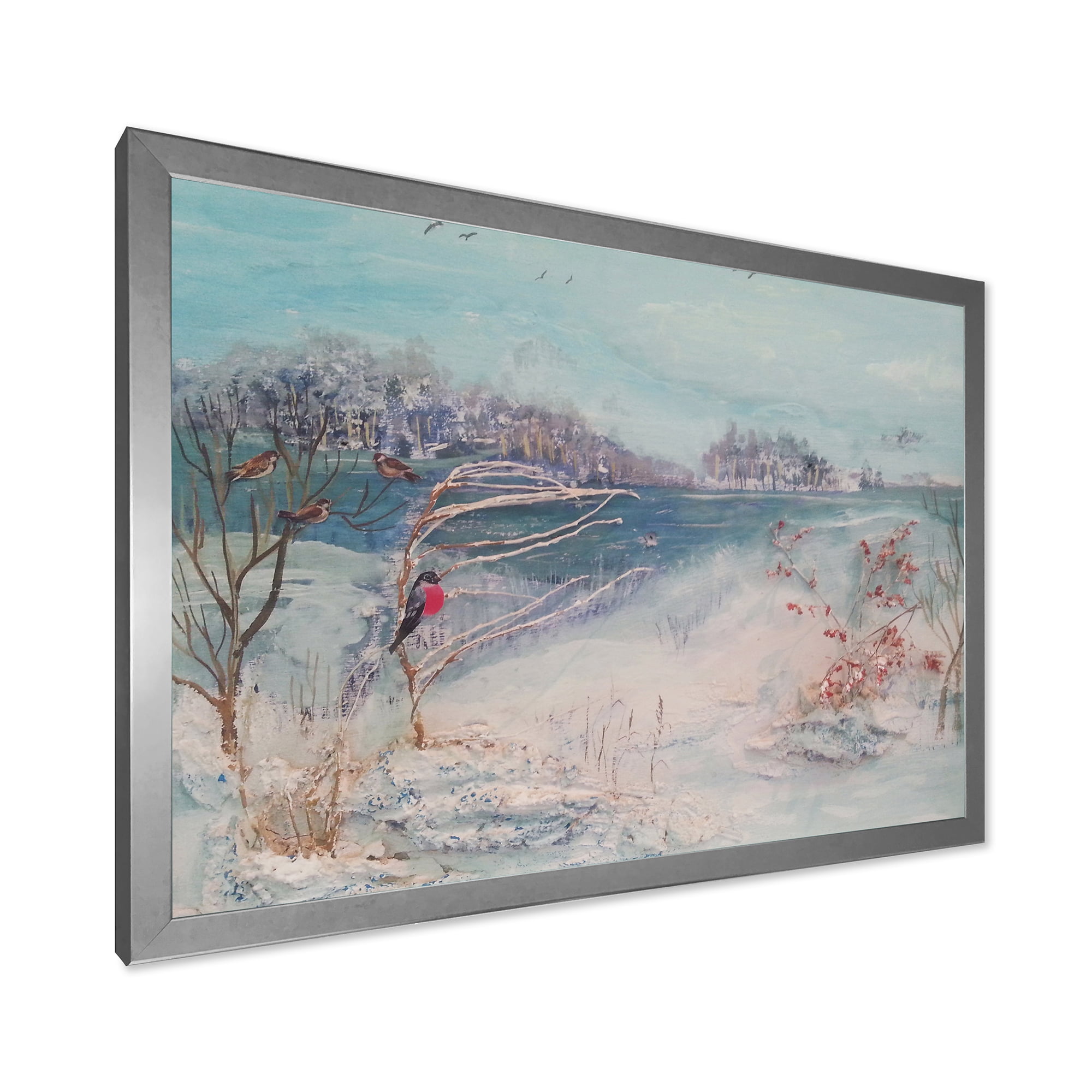 Designart 'Birds and Winter Trees By River' Lake House Framed Art Print