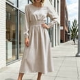 thumbnail image 6 of FRSASU Women's Long Sleeve Striped A Line Midi Dress Round Neck Smocked Elastic Waist Flowy Casual Daily Holiday Long Dress Beige, 6 of 8