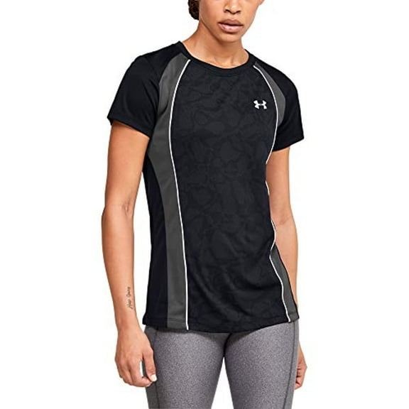 Under Armour Women's Tech C&s Jacquard Crew Neck Short Sleeve T-Shirt, Black (001)/Metallic Silver, Large