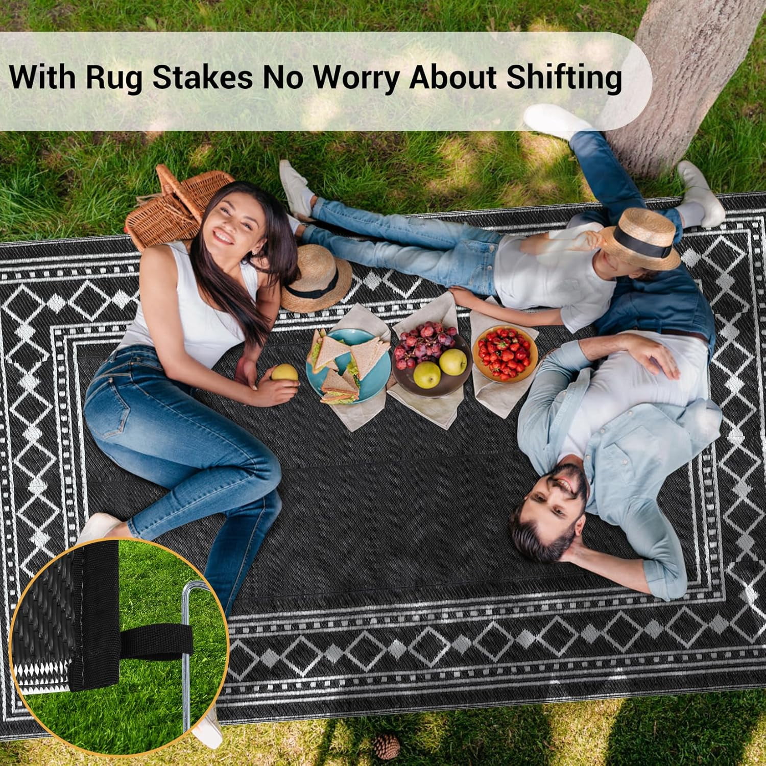 Funslane 8' x 10' Waterproof Outdoor Rug, Reversible Plastic Straw Patio Mat, Easy to Clean & Portable, for Deck, RV, Camping & Balcony, Black/White