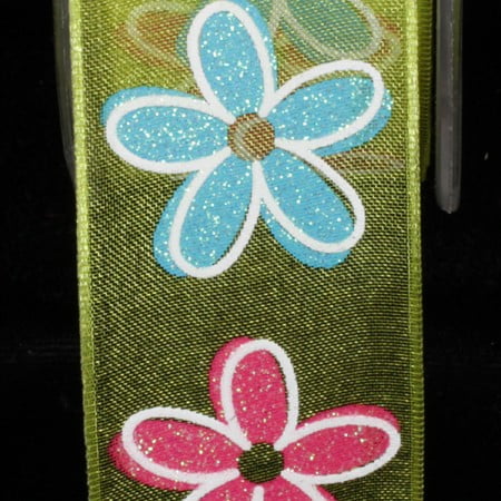 The Ribbon People Lime Green and Blue Floral Glittered Wire Ribbon 1.5" x 27 Yards