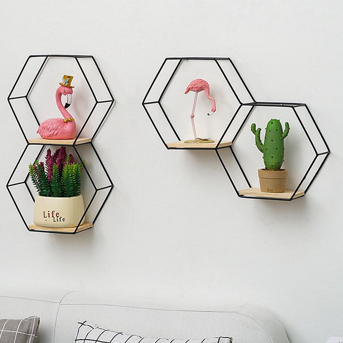 Geometric Hexagonal Decorative Wall Shelf, Iron Rustic Wood Wall