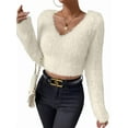 thumbnail image 2 of Women'S Fuzzy Long Sleeve V Neck Crop Sweater Casual Plain Slim Fit Warm Knitwear Sweater Pullovers Apricot L, 2 of 8