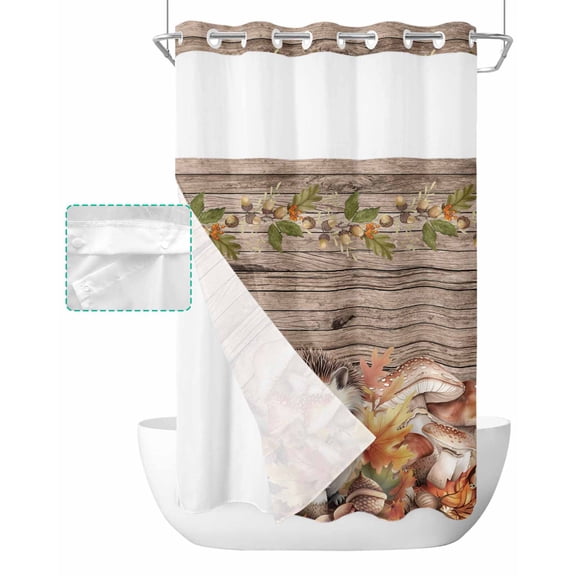 No Hook Shower Curtain with Snap in Liner, Fall Mushroom Hedgehog Acorn Wood Plaid Hotel Shower Curtains for Bathroom, Washable Shower Curtain Liner Set with Mesh Top Window, 36"x72"